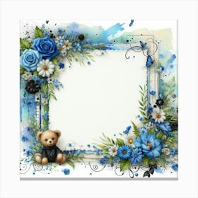 Frame With Blue Flowers And Teddy Bear Canvas Print