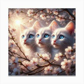 Three Cats In Cherry Blossoms Canvas Print