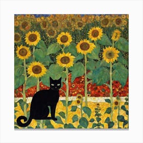 Gustav Klimt Style, Farm Garden With Sunflowers And A Black Cat 2 Art Print by realfnx Canvas Print
