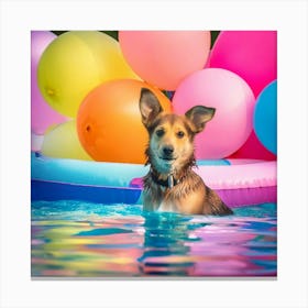 Dog Swimming In Pool With Balloons Canvas Print