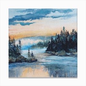 Watercolor Landscape Forest Lake Square Canvas Print
