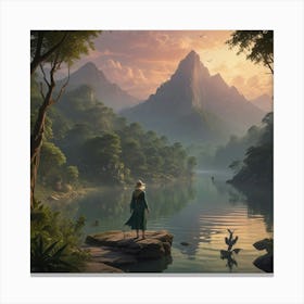 Woman Standing By A Lake Canvas Print