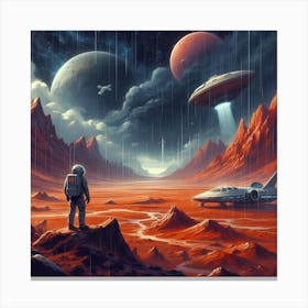 Astronaut With Spaceships On Mars Canvas Print