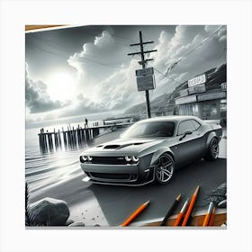 A Pencil Drawing Of A Dodge Demon At A Beach Front 1 Canvas Print