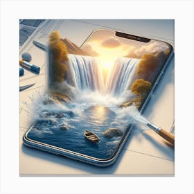 A smartphone whose screen displays a miniature view of a waterfall. 3 Canvas Print