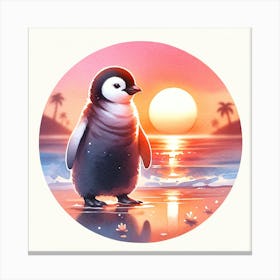 Cute Penguin Sunset Beach Canvas Print