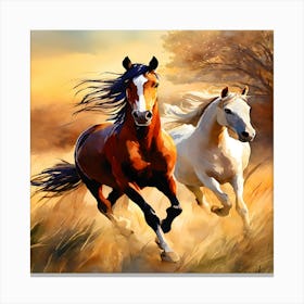 Two Horses Running In The Field Canvas Print
