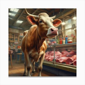 Happy Cow In A Butcher Shop Canvas Print