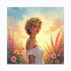 Radiant Princess Diana Amid Watercolor Flowers And Colorful Sky 1 Canvas Print