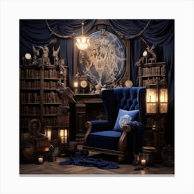 Blue Chair In A Library Canvas Print