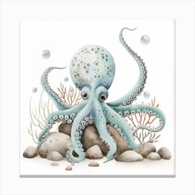 Sleepy Storybook Style Octopus On The Rocks 3 Canvas Print