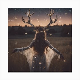 Fairy Light Antler Girl in Starry Butterfly Field Canvas Print