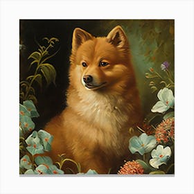 Pomeranian Dog In Flowers Canvas Print