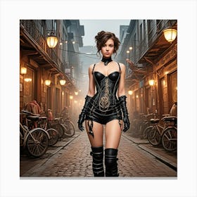 Steampunk Lady Walking The Street Cubism Style Canvas Print