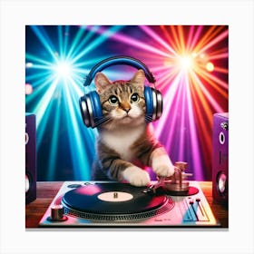 Create A Painted Image Of A Cat Wearing Headphones And Playing A Dj Set On Turntables, With Colorful Lights In The Background Canvas Print