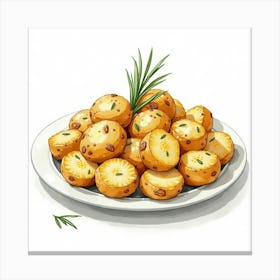 A Whimsical Watercolor Of A Plate Of Crispy And Golden Roasted Potatoes With Rosemary Canvas Print