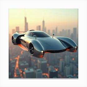 High Tech Flying Car With Chrome Edges, Hovering Through A Futuristic Skyline 1 Canvas Print