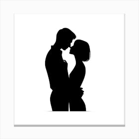 Title: "Embrace in Contrast"  Description: "Embrace in Contrast" offers a powerful depiction of love through a minimalist silhouette, where two figures are locked in an intimate embrace. This stark black and white image symbolizes pure connection and unity, making it a compelling visual for those seeking art that reflects the depth of human relationships. It's a resonant piece for collections centered on love, togetherness, and the elegance of simplicity in design. Canvas Print