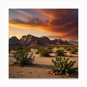 A Dramatic Desert Landscape With Red Rock Formations And A Vibrant Sunset Sky 1 Canvas Print