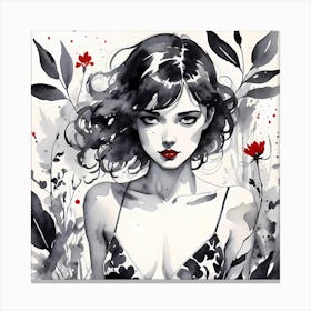 Selective Colour Portrait Of A Beautiful Girl Black And White Painting Square Format Canvas Print