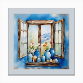 Blue wall. Open window. From inside an old-style room. Silver in the middle. There are several small pottery jars next to the window. There are flowers in the jars Spring oil colors. Wall painting.3 Canvas Print