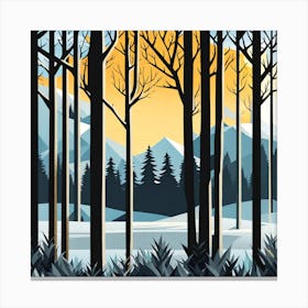 Winter Landscape, Forest, sunset,   Forest bathed in the warm glow of the setting sun, forest sunset illustration, forest at sunset, sunset forest vector art, sunset, forest painting,dark forest, landscape painting, nature vector art, Forest Sunset art, trees, pines, spruces, and firs, black, blue and yellow, sunset in winter Canvas Print