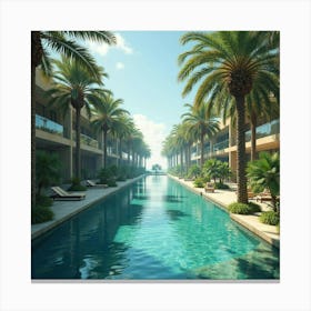 A Serene Oasis Surrounded By Palm Trees And A Glimmering Pool Of Crystal Water Canvas Print