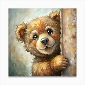 Cute Bear Cub Peeking From Behind A Tree Canvas Print