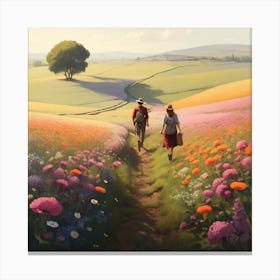 Two People Walking Through A Field Of Flowers Canvas Print