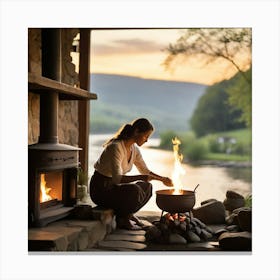 Woman Cooking On A Fire Canvas Print