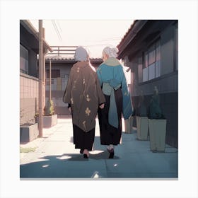 Two Women Walking Down A Street Canvas Print