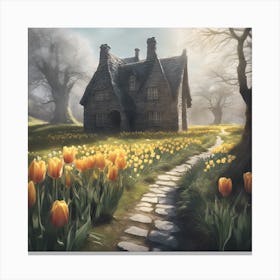 Stone House Country Garden with Tulips Canvas Print