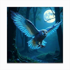 A Mystical Owl With Shimmering Blue Feathers, Flying Through A Moonlit Enchanted Forest Canvas Print