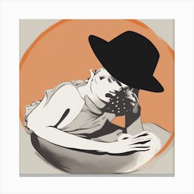 A Silhouette Of A Man Wearing A Black Hat And Laying On Her Back On A Orange Screen, In The Style Of (3) Canvas Print