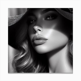 The Girl In The Hat 2/4 (beautiful female lady model black and white portrait close up face) Canvas Print