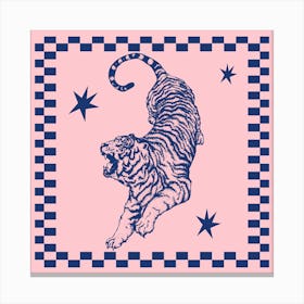 Tiger On Pink | Retro Tiger with Checkerboard Border 1 Canvas Print