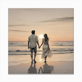 Couple Walking On The Beach At Sunset Canvas Print
