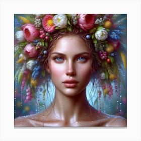Beautiful Girl With Flowers On Her Head Canvas Print