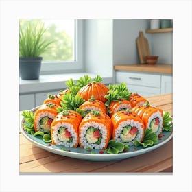 Watercolor Depiction Of A Fresh And Vibrant Summer Roll Platter On A Modern Kitchen Table Canvas Print