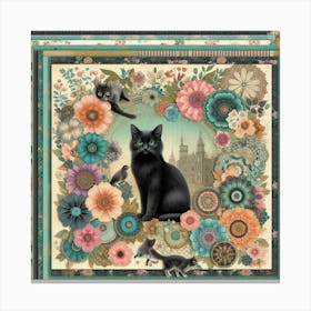 Black Cat With Flowers 3 Canvas Print