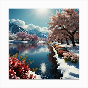 Snowy Landscape With Flowers Canvas Print