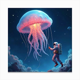 Watercolor Astronauts Floating Near A Giant Space Jellyfish Glowing In The Dark 1 Canvas Print