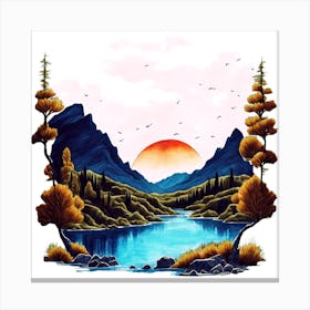 Idyllic Watercolor Landscape Painting With Trees, Mountains, And Sunset Canvas Print