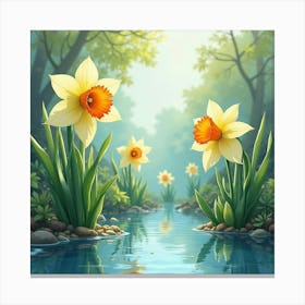 Watercolor Narcissus By A Magical, Reflective Pool 1 Canvas Print