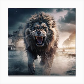 Roaring Lion Standing In The Water Canvas Print