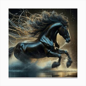 Black Horse Running In Water 1 Canvas Print