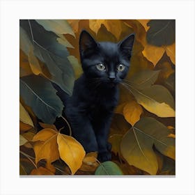 Black Kitten In Autumn Leaves 1 Canvas Print