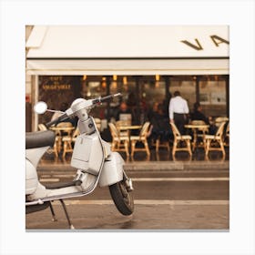 Scooter Outside A Paris Bistro Square Canvas Print
