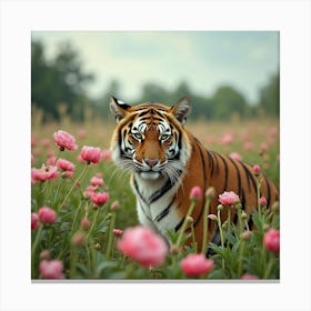 Tiger In A Meadow Of Peonies 1 Canvas Print