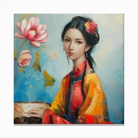 Chinese Girl With Lotus Flower Canvas Print